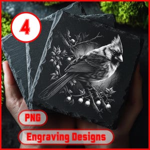 May include: A set of four square slate coasters. Each coaster features a detailed black and white engraving of a bird perched on a branch with berries. The text "Engraving Designs" and "PNG" are visible.