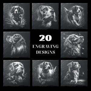 Könnte beinhalten: Neun quadratische Schieferuntersetzer mit detaillierten Schwarz-Weiß-Gravuren verschiedener Hunderassen. Der mittlere Untersetzer zeigt den weißen Text "20 ENGRAVING DESIGNS", was auf ein Set von Untersetzern hindeutet.