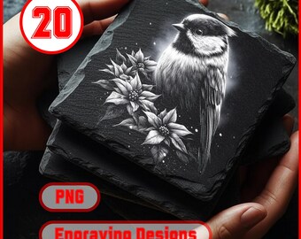 20 WInter Bird Engraving PNG Set Coasters Designs Digital Download Laser Files for Glowforge Lightburn XTool for Slate Coasters Engraving