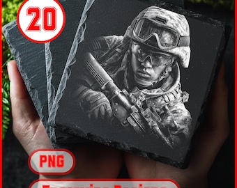 20 Patriotic Soldier Laser Engraving Designs for Slate Coasters, Engrave Files PNG for Slate Coasters, Commercial Use, Glowforge