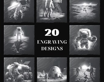 20 disegni di incisione laser di astronauti ed esploratori spaziali per sottobicchieri in ardesia - File PNG per xTool, Glowforge, uso commerciale