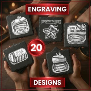 May include: Five square black slate coasters featuring white engraved sardine tin illustrations with text including SEA YOU LATER, SUPERSTAR SARDINES, SPILL THE BRINE, SNACK ATTACK, and APEX PREDATOR. The set includes 20 designs total.