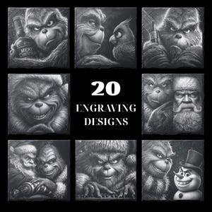 May include: A collection of nine grayscale engraving designs featuring the Grinch in various poses, some with other characters. The text "20 ENGRAVING DESIGNS" is centered on a black background. The images are square and detailed.