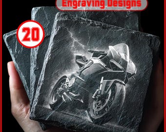 20 Motorrad Schiefer PNG Designs, Gravur Dateien PNG für Schiefer Untersetzer, kommerzielle Nutzung, Glowforge