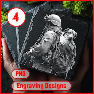 May include: A stack of four black slate coasters. Each coaster features a detailed engraving of a soldier with a dog. The image is in grayscale. The coasters are held in a person's hands. The image also includes the text "PNG" and "Engraving Designs".