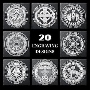 May include: Nine square slate coasters with detailed white engraved designs. Each coaster displays a different Celtic or Norse-inspired symbol and text, such as "The Dragon Triad" and "The Celtic Cross." The central text reads "20 Engraving Designs."
