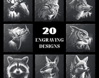 20 Wildlife Animal Designs for Laser Engraving on Slate Coasters - PNG Files for Glowforge & xTool, Commercial Use