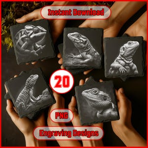 May include: Six square slate coasters, each with a detailed grayscale engraving of a lizard. The coasters are held in multiple hands. The image includes the text "Instant Download", "20", "PNG", and "Engraving Designs".