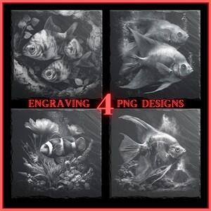 4 Aquarium Fish Slate Coaster Engraving Design, Laser Engraving PNG File for Wood Slate Metal Stone