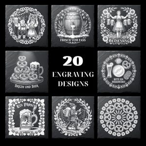 Może przedstawiać: Zestaw 9 czarnych kwadratowych podkładek z białymi grawerowanymi wzorami. Wzory obejmują kufle do piwa, precle i ilustracje o tematyce niemieckiej. Tekst "20 ENGRAVING DESIGNS" znajduje się na środku. Idealne do baru lub kuchni.