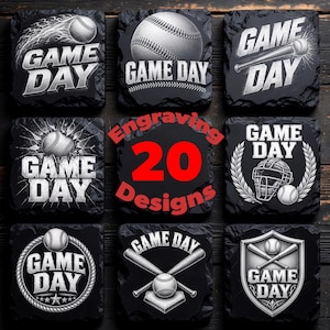May include: A collection of eight square black slate coasters featuring various white engraved baseball-themed designs. Each coaster displays the text "GAME DAY" alongside imagery of baseballs, bats, catcher masks, and home plates in a monochromatic style.