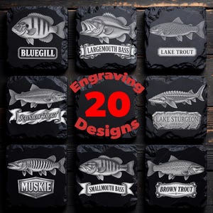 Bundel met PNG-afbeeldingen van zoetwatervissen, 20 vintage graveerontwerpen voor leistenen onderzetters, Glowforge laserbestanden, cadeau voor het vissen op baars, forel en snoek.