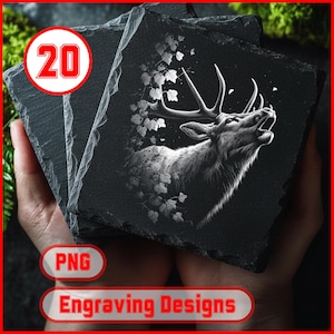 May include: A stack of square, dark gray slate coasters. Each coaster features a detailed, grayscale engraving of a deer with large antlers, set against a dark background. The text "Engraving Designs" is visible.
