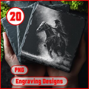 May include: A stack of square slate coasters featuring a black and white engraving of a cowboy riding a horse. The coasters have a rough, textured surface. The image also includes the text "20", "PNG", and "Engraving Designs".