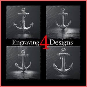 May include: Four slate coasters with engraved anchor designs. Each coaster features a different anchor design in shades of gray and white. The word "Engraving" and the number "4" are in the center of the image, with the word "Designs" to the right.