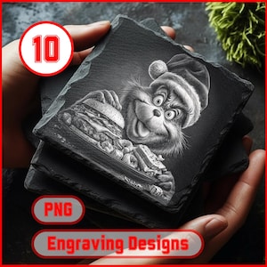 May include: Four square, dark grey slate coasters are stacked. Each coaster has a detailed black and white engraving of a cartoon character wearing a Santa hat and holding a large burger and other food items. The image includes the number "10", "PNG", and "Engraving Designs".