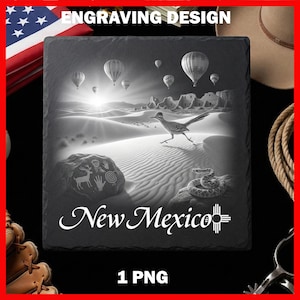 May include: A square black slate coaster featuring a grayscale desert landscape with a roadrunner, a coiled snake, hot air balloons, and ancient petroglyphs on a rock. The text New Mexico is printed in white at the bottom with a sun symbol.