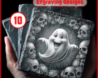 10 Cute Ghost Slate Engraving PNG for Halloween Engraving Digital Download for Slate Coaster, Glowforge, LightBurn, XTool, Commercial Use