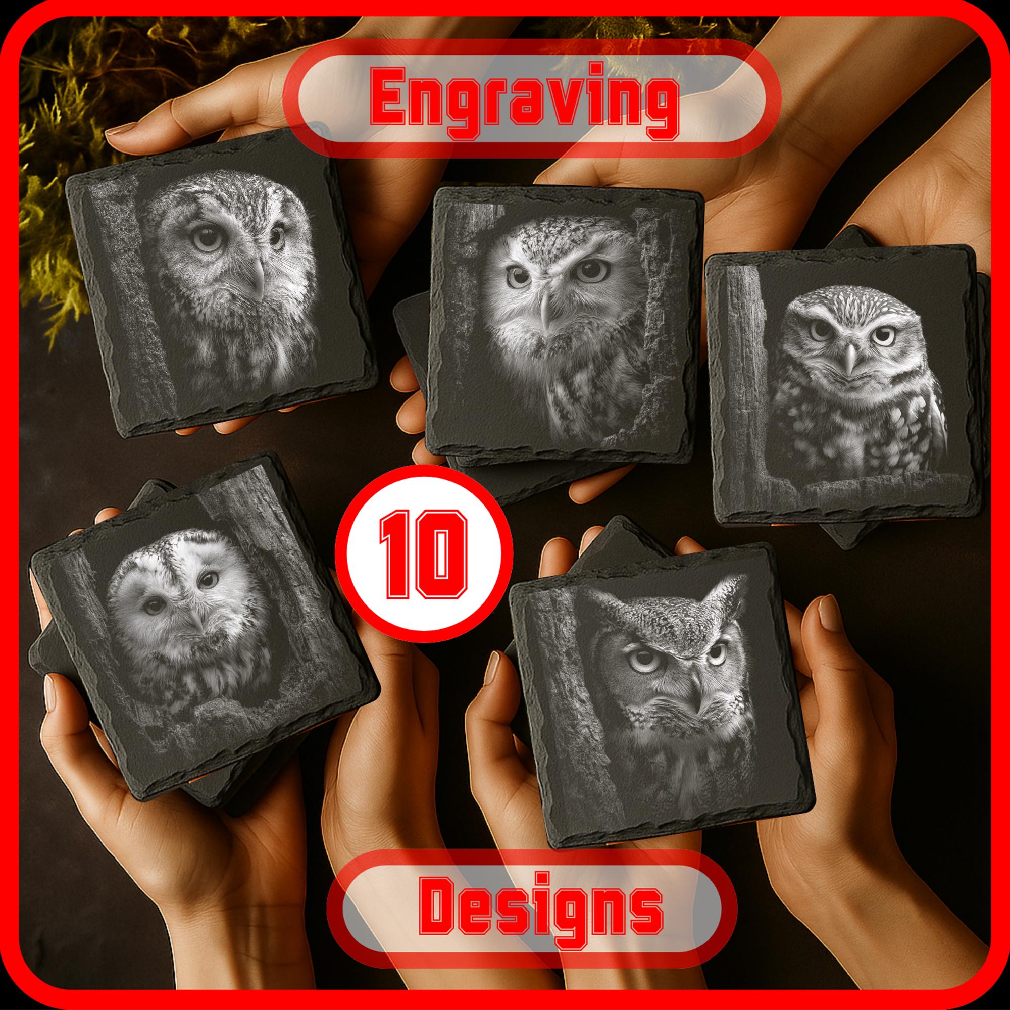 10 Owl Engraving PNG Bundle for Engraving Digital Download for Slate Coaster, Glowforge, LightBurn, 