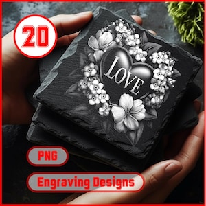 May include: A stack of square, black slate coasters. Each coaster features a floral design with a heart and the word "LOVE" in the center. The coasters are held in a person's hands. The image also includes the text "PNG" and "Engraving Designs".