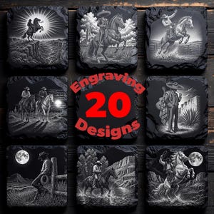 May include: A collection of eight square black slate coasters featuring detailed white engraved western scenes of cowboys, horses, and desert landscapes, with the red text Engraving 20 Designs centred in the middle of the grid layout.
