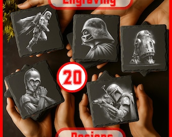 May include: A collection of square slate coasters featuring engraved images of characters from the Star Wars franchise. The coasters showcase detailed black and white portraits of Darth Vader, Boba Fett, C-3PO, and R2-D2.
