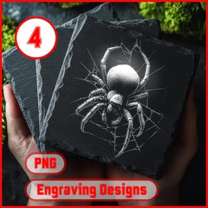 May include: A set of four square slate coasters. Each coaster features a detailed engraving of a spider in its web. The coasters are dark gray with a rough texture. The image also includes the text "Engraving Designs" and "PNG".