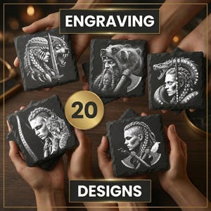 May include: Five square black slate coasters featuring white engraved illustrations of Viking-inspired figures, animals, and weapons. A central gold circle displays the number 20, with the text ENGRAVING above and DESIGNS below the coasters.