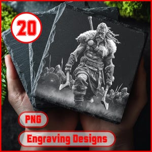 May include: A stack of square slate coasters with a detailed engraving of a Viking warrior holding axes. The coasters are black with a rough texture. The image also includes the text "20", "PNG", and "Engraving Designs".
