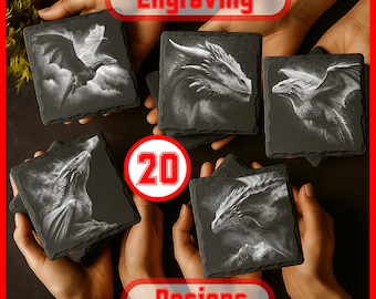Set of 20 Fantasy Dragon Laser Engraving PNGs  Designs for Slate Coasters - Commercial Use Glowforge xTool