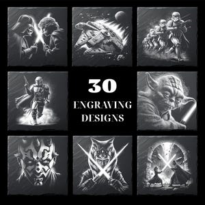 May include: A collection of 30 engraving designs featuring characters and scenes from the Star Wars franchise. The black and white images include Darth Vader, Luke Skywalker, the Millennium Falcon, Stormtroopers, Yoda, and more.