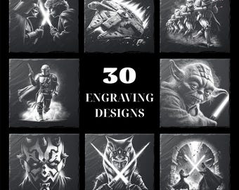May include: A collection of 30 engraving designs featuring characters and scenes from the Star Wars franchise. The black and white images include Darth Vader, Luke Skywalker, the Millennium Falcon, Stormtroopers, Yoda, and more.