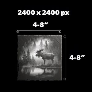May include: A black and white square slate tile featuring a detailed illustration of a moose standing near a lake with a forest backdrop. The tile measures 4-8 inches.