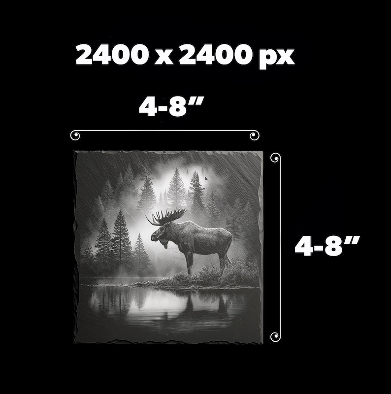 May include: A black and white square slate tile featuring a detailed illustration of a moose standing near a lake with a forest backdrop. The tile measures 4-8 inches.