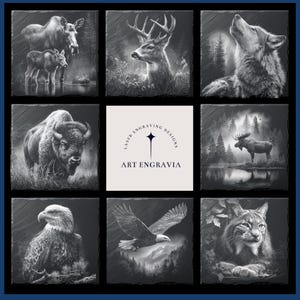 May include: Nine square slate tiles with black and white wildlife art. Images include a moose with calf, a deer, a wolf howling, a bison, a moose by a lake, an eagle, an eagle in flight, and a bobcat. The center tile has the text "LASER ENGRAVING DESIGNS" and "ART ENGRAVIA".