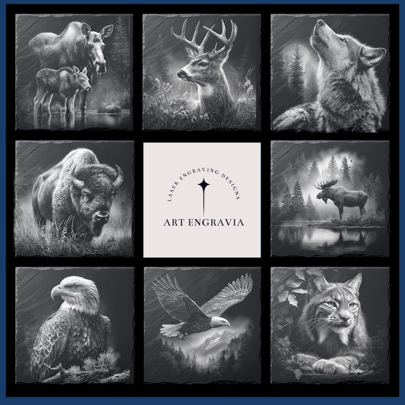 May include: Nine square slate tiles with black and white wildlife art. Images include a moose with calf, a deer, a wolf howling, a bison, a moose by a lake, an eagle, an eagle in flight, and a bobcat. The center tile has the text "LASER ENGRAVING DESIGNS" and "ART ENGRAVIA".