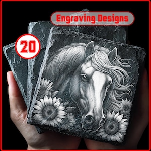 Horses in Flowers Engraving Design Bundle: Slate Coaster, Glowforge, LightBurn (Digital Download)