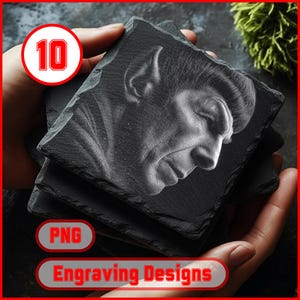May include: A stack of square, dark gray slate coasters. Each coaster features a detailed, engraved portrait of a person. The image includes the text "10", "PNG", and "Engraving Designs" in red and white.
