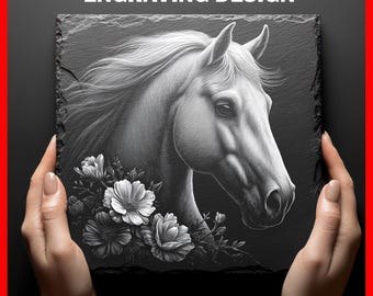Elegant Horse Slate Engraving PNG Floral Equine Art Digital Download Graphics Designs for Slate Coasters Glowforge Commercial Use