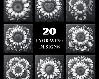 20 Sunflower Laser Engraving Slate Clipart Bundle Digital Design for Slate Coasters Files PNG for Engraving, Commercial download, Glowforge