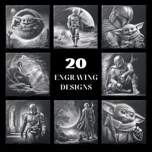 Puede incluir: Nueve grabados cuadrados en blanco y negro con personajes de un popular western espacial. Las imágenes incluyen a The Mandalorian y Grogu, con el texto "20 ENGRAVING DESIGNS" en el centro.