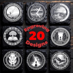 May include: A set of eight square black slate coasters featuring circular white engravings of religious scenes and scripture verses, with the red text Engraving 20 Designs centered in the middle of the display of these stone coasters.