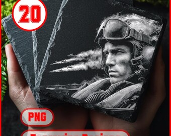 Juego de 20 posavasos de pizarra de héroes de la aviación. Grabado de piloto de caza y avión. Archivos PNG para posavasos de pizarra. Uso comercial. Glowforge.