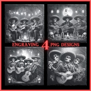 Könnte beinhalten: Vier Graustufenbilder von Skelett-Mariachi-Bands, die Instrumente spielen. Jedes Bild zeigt Musiker mit Sombreros, die Gitarre, Geige und andere Instrumente spielen. Der Text "ENGRAVING 4 PNG DESIGNS" ist im Bild zu sehen.