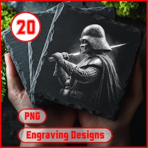 May include: A stack of square slate coasters with a detailed engraving of Darth Vader holding a lightsaber. The coasters are dark gray with a rough texture. The image also includes the text "20", "PNG", and "Engraving Designs".