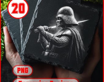Puede incluir: Un conjunto de posavasos cuadrados de pizarra con un grabado detallado de Darth Vader sosteniendo un sable de luz. Los posavasos son de color gris oscuro con una textura rugosa. La imagen también incluye el texto "20", "PNG" y "Engraving Designs".