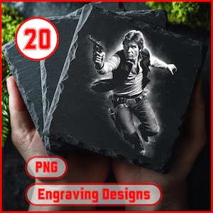 May include: A set of square slate coasters featuring an engraved image of a character holding a blaster. The coasters are dark gray with a rough texture. The image includes the text "Engraving Designs" and "PNG".