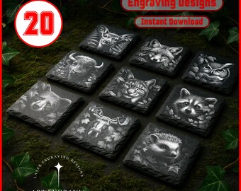 20 Forest Animal PNGs for Slate Coasters – Wildlife Laser Engraving Designs with Commercial Use for Glowforge & xTool