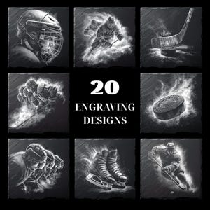 May include: A collection of nine black and white engraved designs featuring hockey-themed images. The designs include a hockey helmet, players in action, hockey sticks, pucks, and ice skates. The text "20 ENGRAVING DESIGNS" is in the center.
