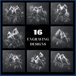 May include: A collection of 16 engraving designs featuring detailed illustrations of birds perched on branches with pine cones. The designs are in black and white, set against a dark background, and are displayed on square tiles.